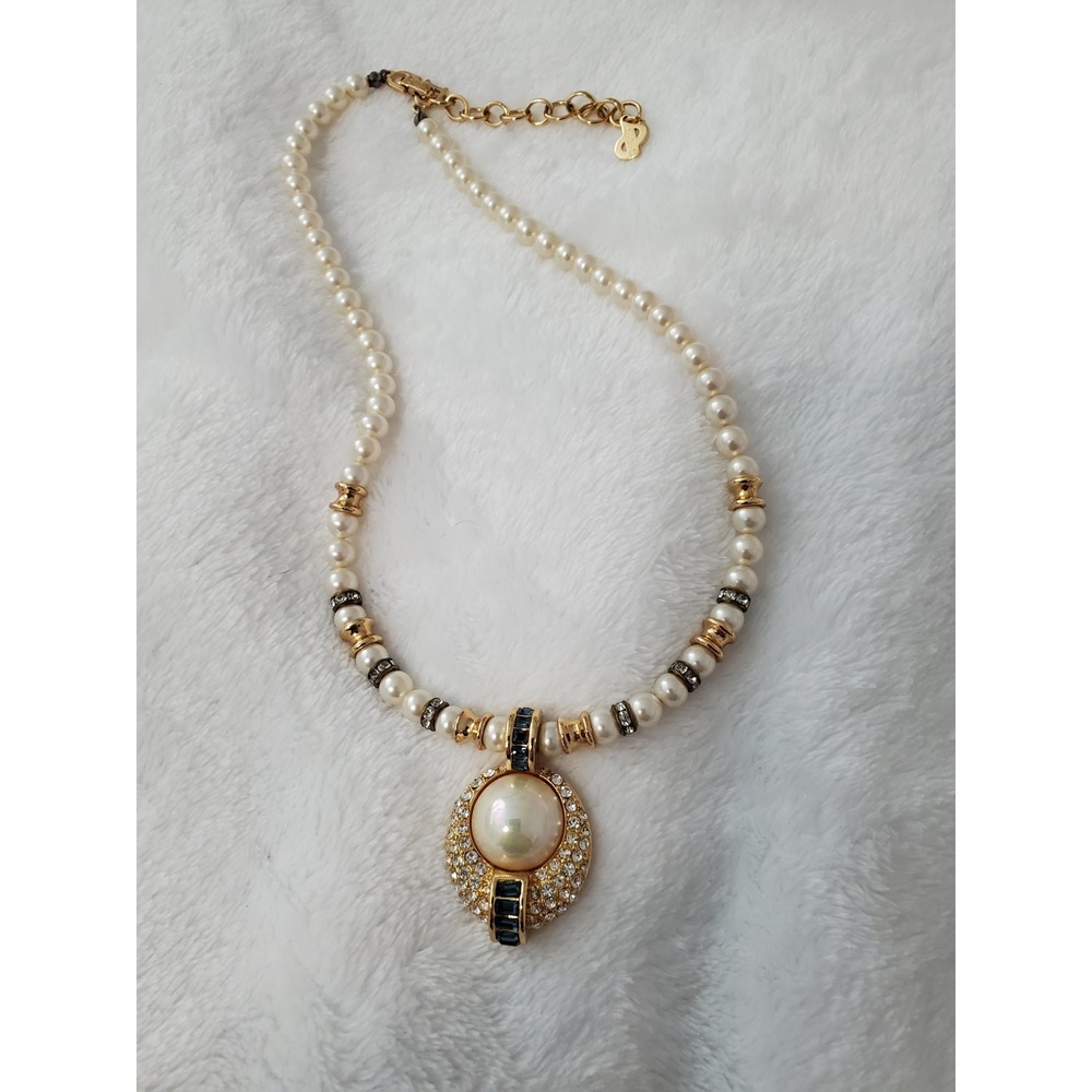 Vintage Christian Dior Faux Pearl Rhinestone Blue Baguette Pendant Necklace